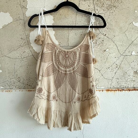 Free People Tank Top Embroidered Floral Tassel Straps Pleated Hem Festival Boho - Picture 1 of 7